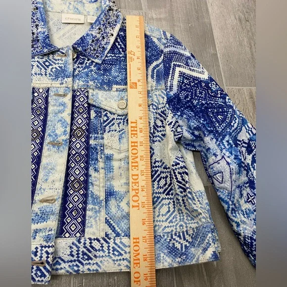 Chico's beaded artisan mixed-print cropped denim jacket blue & white Sz 2 (L/12) - Picture 11 of 15